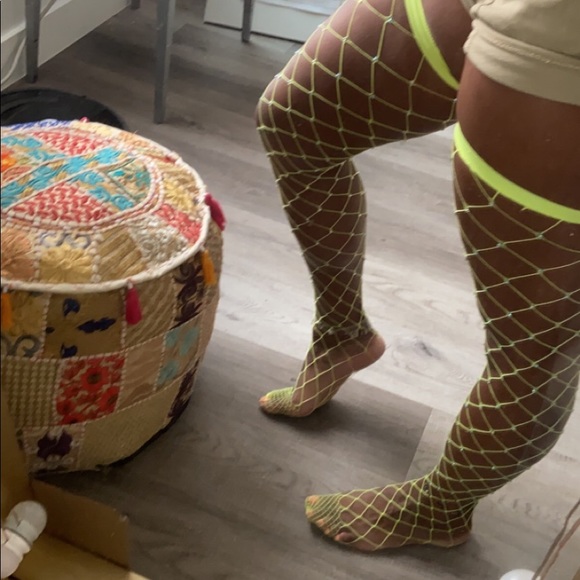 Yellow fishnet thigh high knee-high socks stocking - Picture 4 of 8